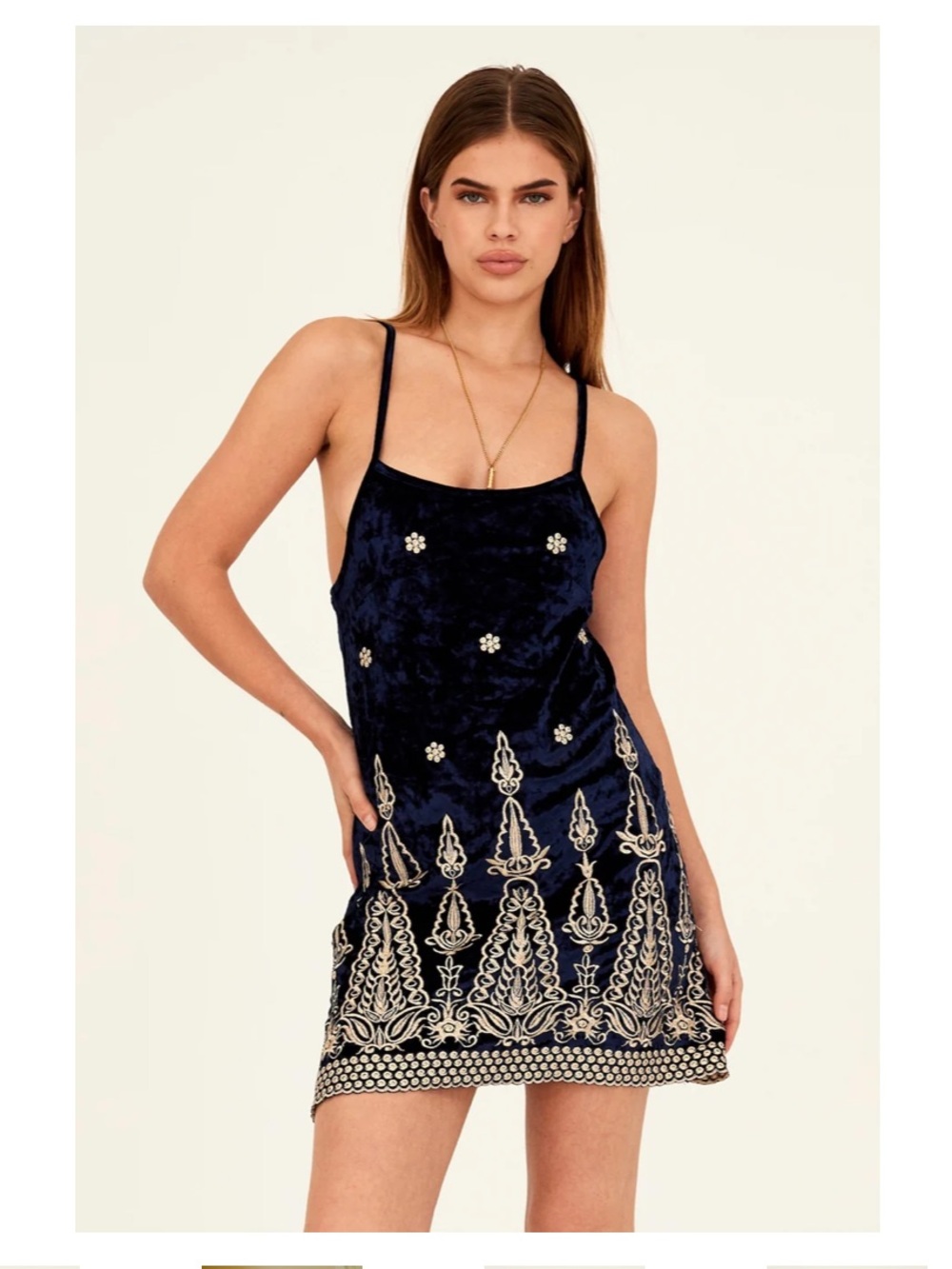 Lenni Embellished Navy Velvet Mini Dress with Gold Straps